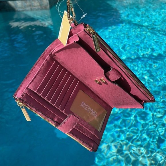 Michael Kors Jet Set Travel Large Double Zip Wristlet Wallet Rosewood Leather - Picture 7 of 16